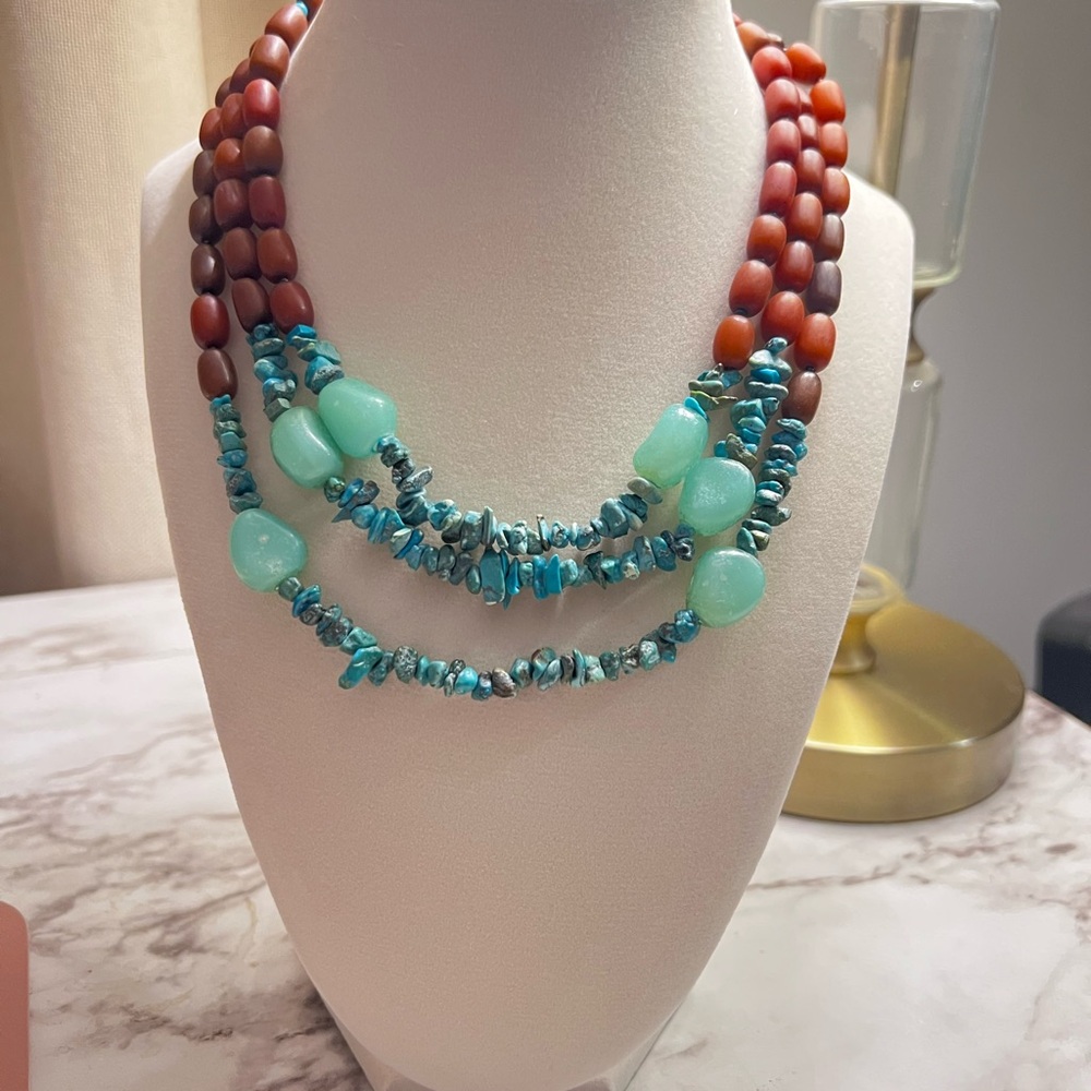 Express Blue and Brown Layered Necklace with Unique Beads